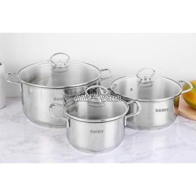 Đồ Dùng Nhà Bếp Hóc Môn Hồ Chí Minh Bộ 3 Nồi Inox 3 Đáy Rainy Nắp Kính N 6363dk