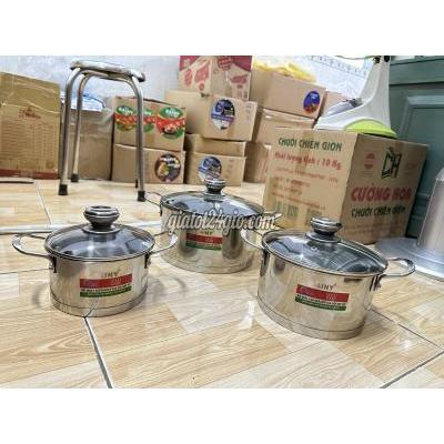 Đồ Dùng Nhà Bếp Hóc Môn Hồ Chí Minh Bộ 3 Nồi Inox 3 Đáy Rainy Nắp Kính N 6363dk