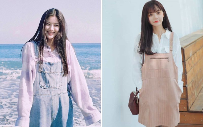 7 Yếm jeans cùng áo sơ mi linen