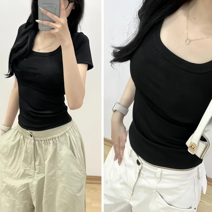 Áo Thun Nữ Cộc Tay Cổ Vuông Basic, Áo Croptop Trơn Dáng Ôm Body Ch...