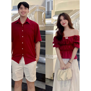 Cặp Áo Đôi Sơ mi, Áo Trễ Vai Nhún Tầng Cho Nam Và Nữ Màu Đỏ Mận Hà...