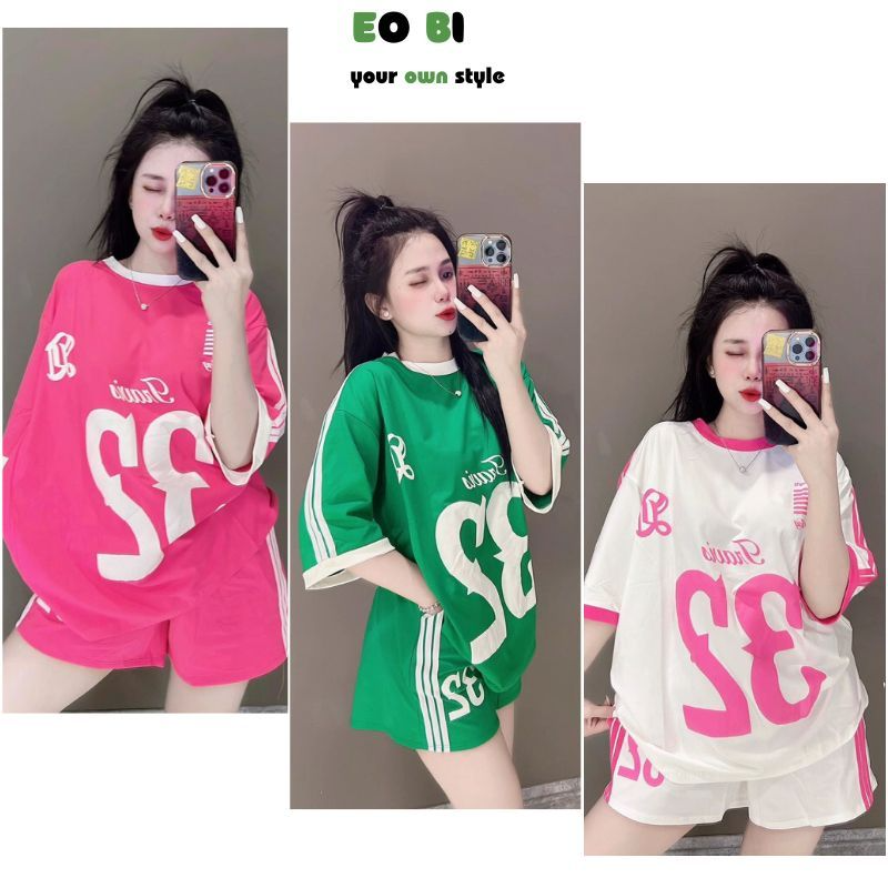 Đồ bộ đùi thể thao nữ, set đồ bộ áo thun phông rộng in nỗi số 32 c...