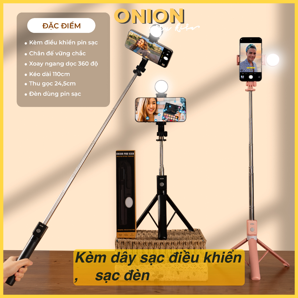 Gậy chụp ảnh Onion hàng cao cấp 3 in 1, kèm tripod, đèn led và điề...