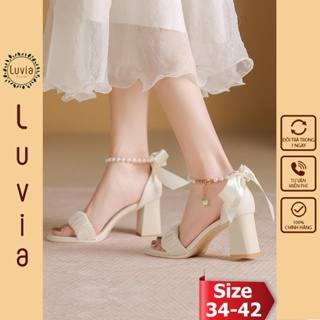 Giày cao gót nữ đế vuông thắt nơ 7 phân quai ngọc thời trang Luvia...
