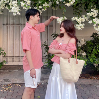 Set Đồ Đôi Nam Nữ Cùng Người Yêu Aó Sơ Mi Và Áo Trễ Vai Kết Hợp Vá...