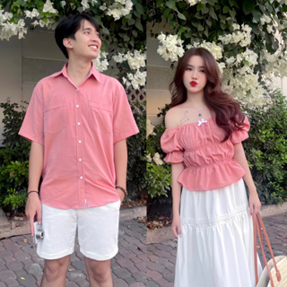 Set Đồ Đôi Nam Nữ Cùng Người Yêu Aó Sơ Mi Và Áo Trễ Vai Kết Hợp Vá...