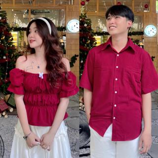 Cặp Áo Đôi Nam Nữ Cùng Người Yêu Aó Sơ Mi Và Áo Trễ Vai Kết Hợp Vá...