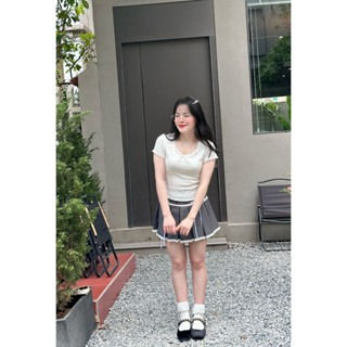 Set áo brandy cổ ren ngắn tay basic phối chân váy xếp ly đính nơ d...