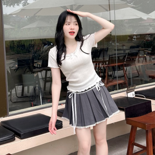 Set áo brandy cổ ren ngắn tay basic phối chân váy xếp ly đính nơ d...