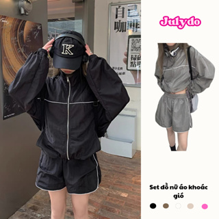 Set đồ nữ áo khoác gió kèm quần đùi chất liệu đũi gió phong cách t...