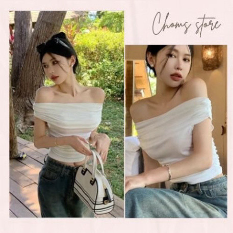 [HOT2024] Áo thun nữ ngắn tay trễ vai CHOMS cotton vạt ngang đơn g...