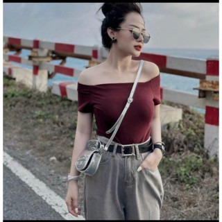 [HOT2024] Áo thun nữ ngắn tay trễ vai CHOMS cotton vạt ngang đơn g...