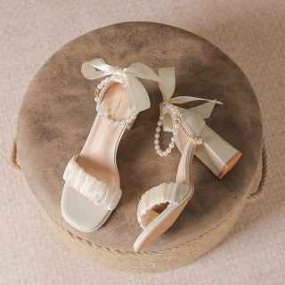 Giày cao gót nữ đế vuông thắt nơ 7 phân quai ngọc thời trang Luvia...