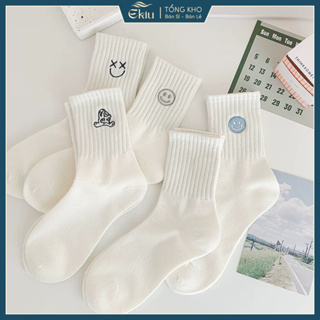 Tất vớ nam nữ màu trắng họa tiết thêu nhỏ xinh đơn giản nhẹ nhàng,...