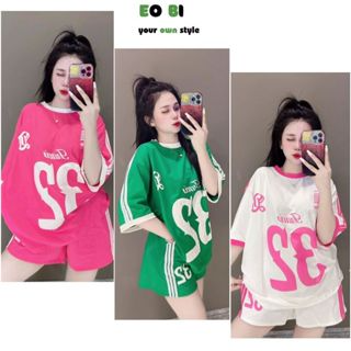 Đồ bộ đùi thể thao nữ, set đồ bộ áo thun phông rộng in nỗi số 32 c...