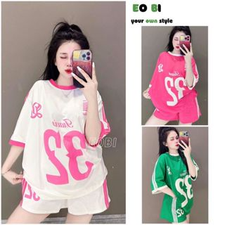 Đồ bộ đùi thể thao nữ, set đồ bộ áo thun phông rộng in nỗi số 32 c...