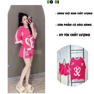 Đồ bộ đùi thể thao nữ, set đồ bộ áo thun phông rộng in nỗi số 32 c...