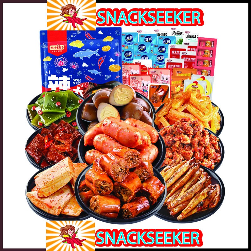 Tổng hợp các loại đồ ăn vặt cay thơm xúc xích ăn liền, đùi vịt, ch...