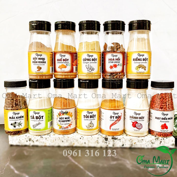 Gia vị Vipep (bột hành, tỏi, sả, gừng...)...