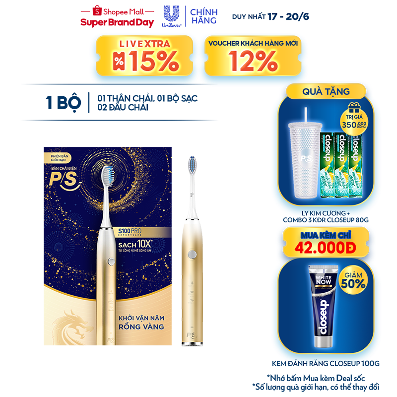 Bàn Chải Điện P/S S100 PRO - Công Nghệ Sóng Âm, Chải Sạch Mảng Bám...