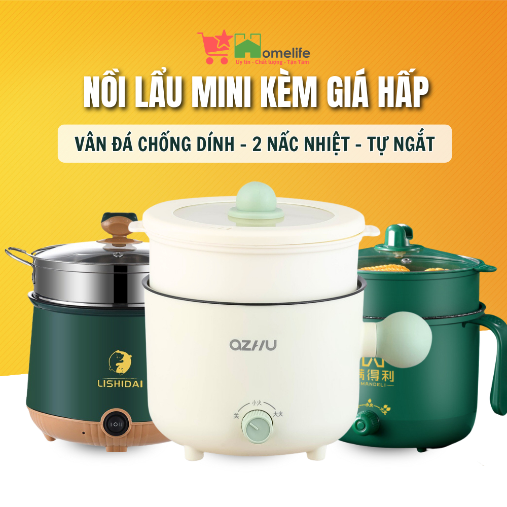 Nồi Lẩu Điện Mini, Nấu Mì 2 Tầng Kèm Giá Hấp Đa Năng, Nướng, Luộc,...
