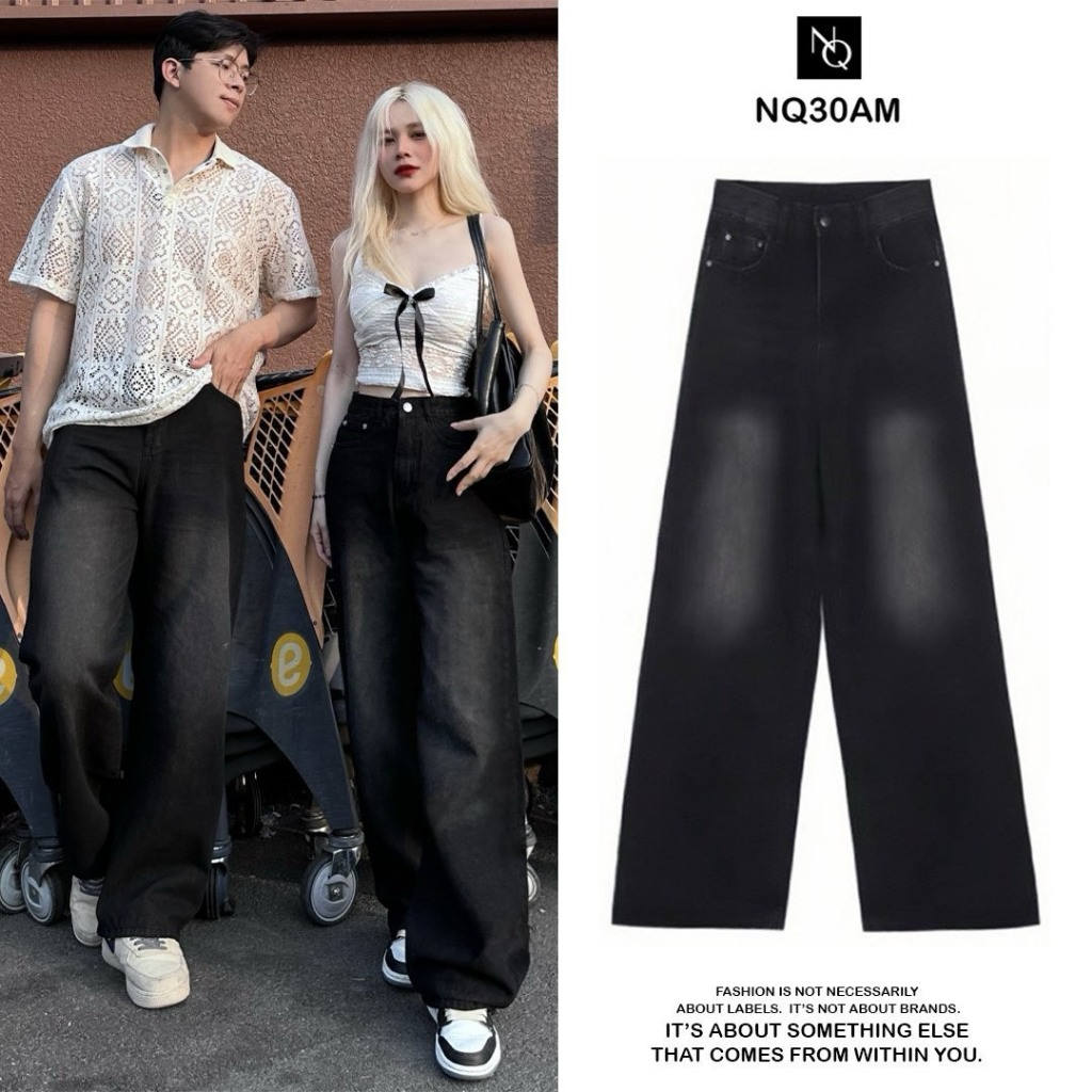 Quần Jeans Dài Wash NQ30 Ống Rộng Cạp Cao Tôn Dáng Nam Nữ Unisex...