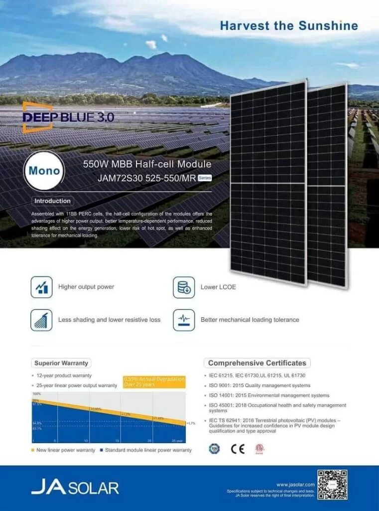 Đặc điểm nổi bật của pin JA 550W