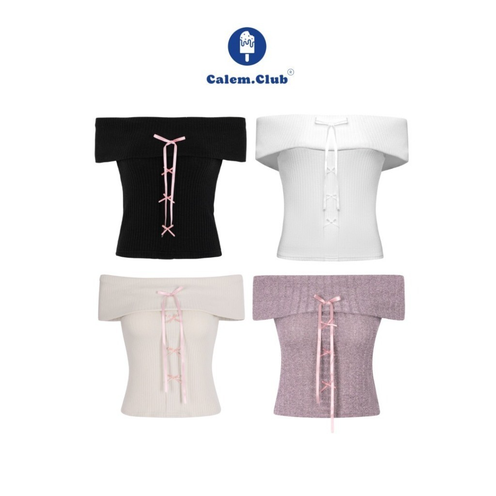 Calem Club Áo nữ len tăm Trễ Vai đính nơ form ôm body tôn dáng sge...