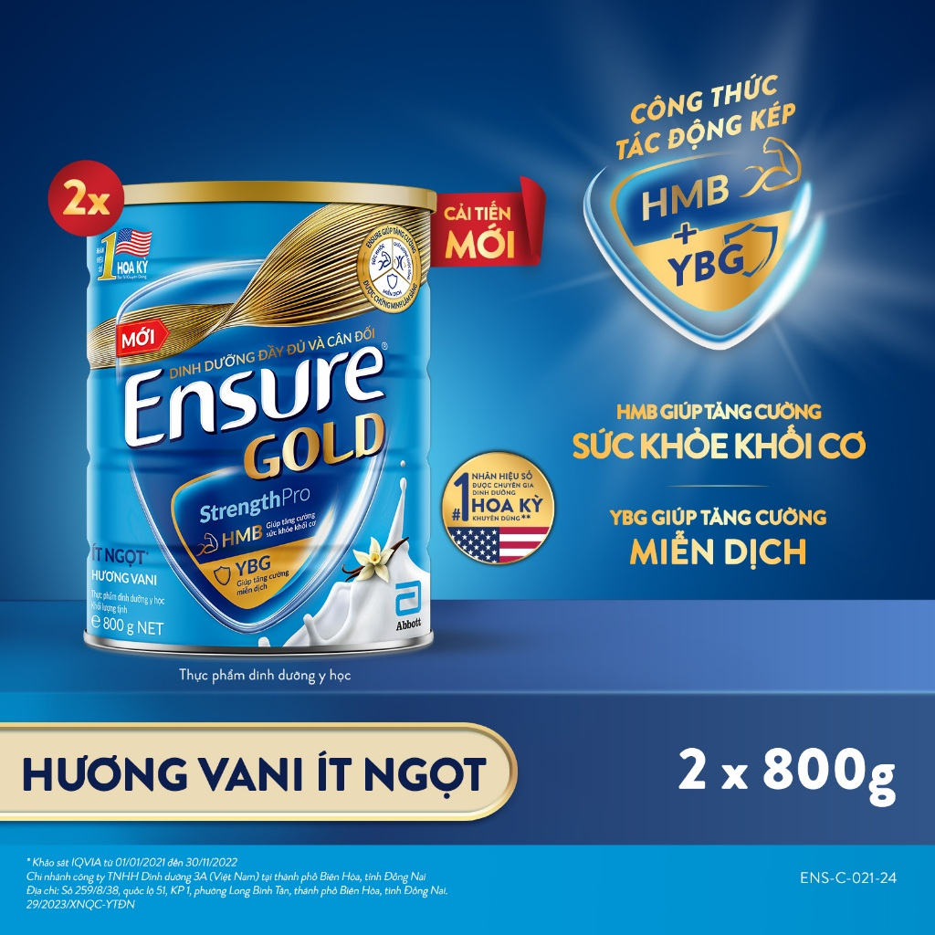 Combo 2 Lon Sữa bột Ensure Gold Abbott Hương Vani Ít Ngọt (HMBYBG)...