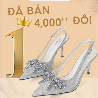 Giày cao gót 7 phân kim tuyến phối mika đính nơ, giày cưới cô dâu ...