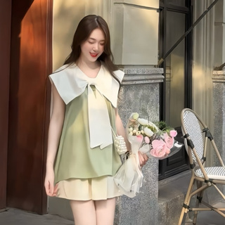m Babyset áo chất lụa Hàn pha cổ trắng bản to kèm chân váy trắng t...