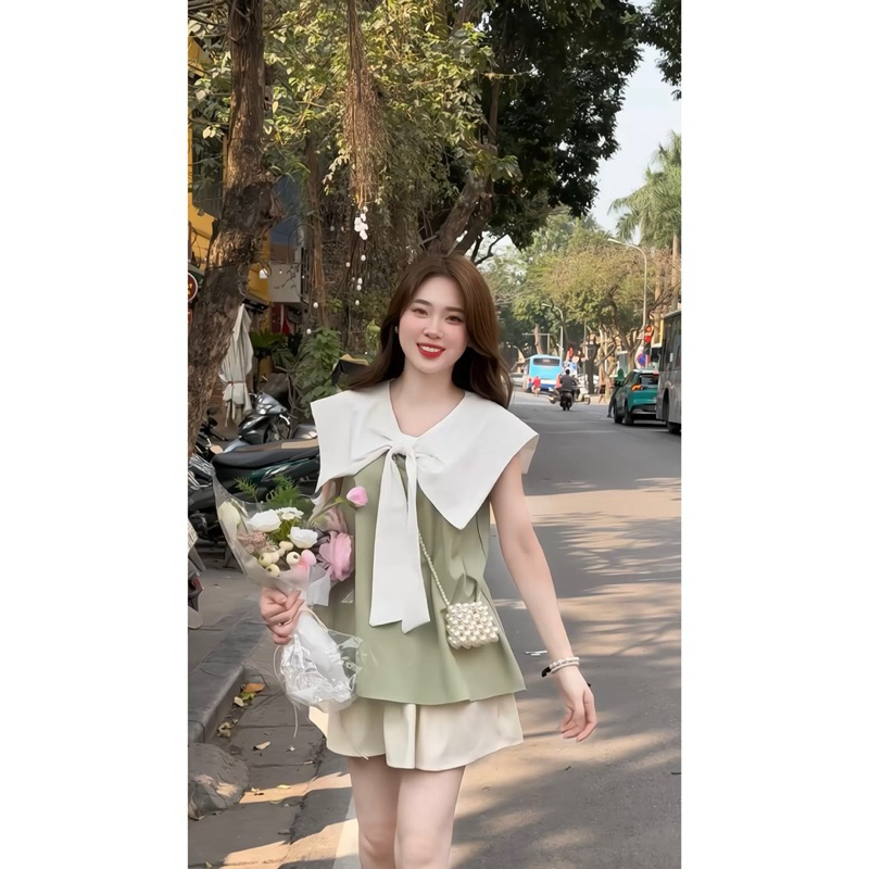m Babyset áo chất lụa Hàn pha cổ trắng bản to kèm chân váy trắng t...