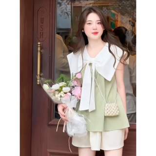 h Set áo chất lụa Hàn pha cổ trắng bản to kèm chân váy trắng tiểu ...
