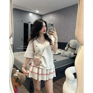 Sét Đồ Nữ Áo Thêu Ngựa Cổ V Phối Màu Bo Dệt Ngắn Tay Mix Chân Váy ...