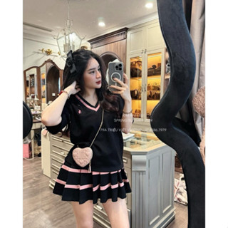 Sét Đồ Nữ Áo Thêu Ngựa Cổ V Phối Màu Bo Dệt Ngắn Tay Mix Chân Váy ...