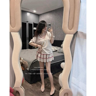 Sét Đồ Nữ Áo Thêu Ngựa Cổ V Phối Màu Bo Dệt Ngắn Tay Mix Chân Váy ...