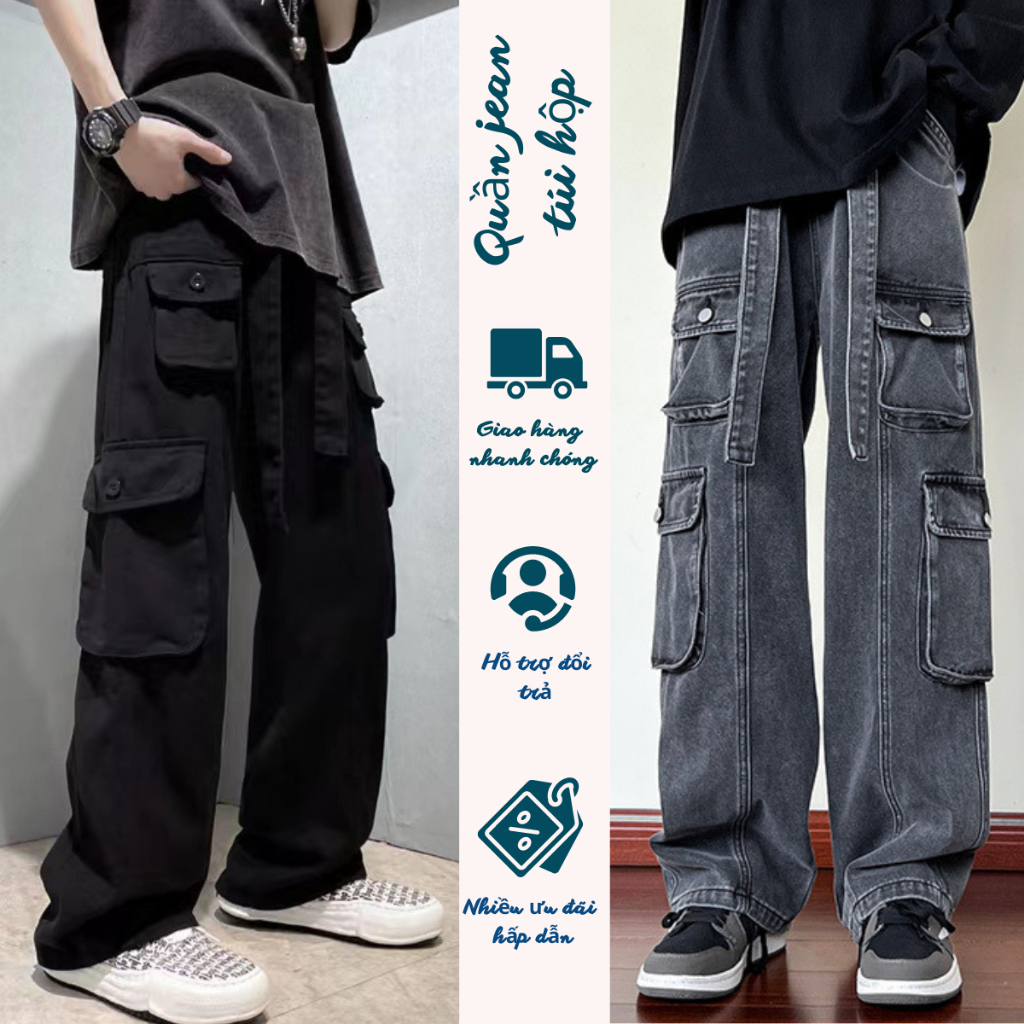 Quần jean túi hộp nam nữ ống rộng suông, Quần hộp nam kaki cargo p...