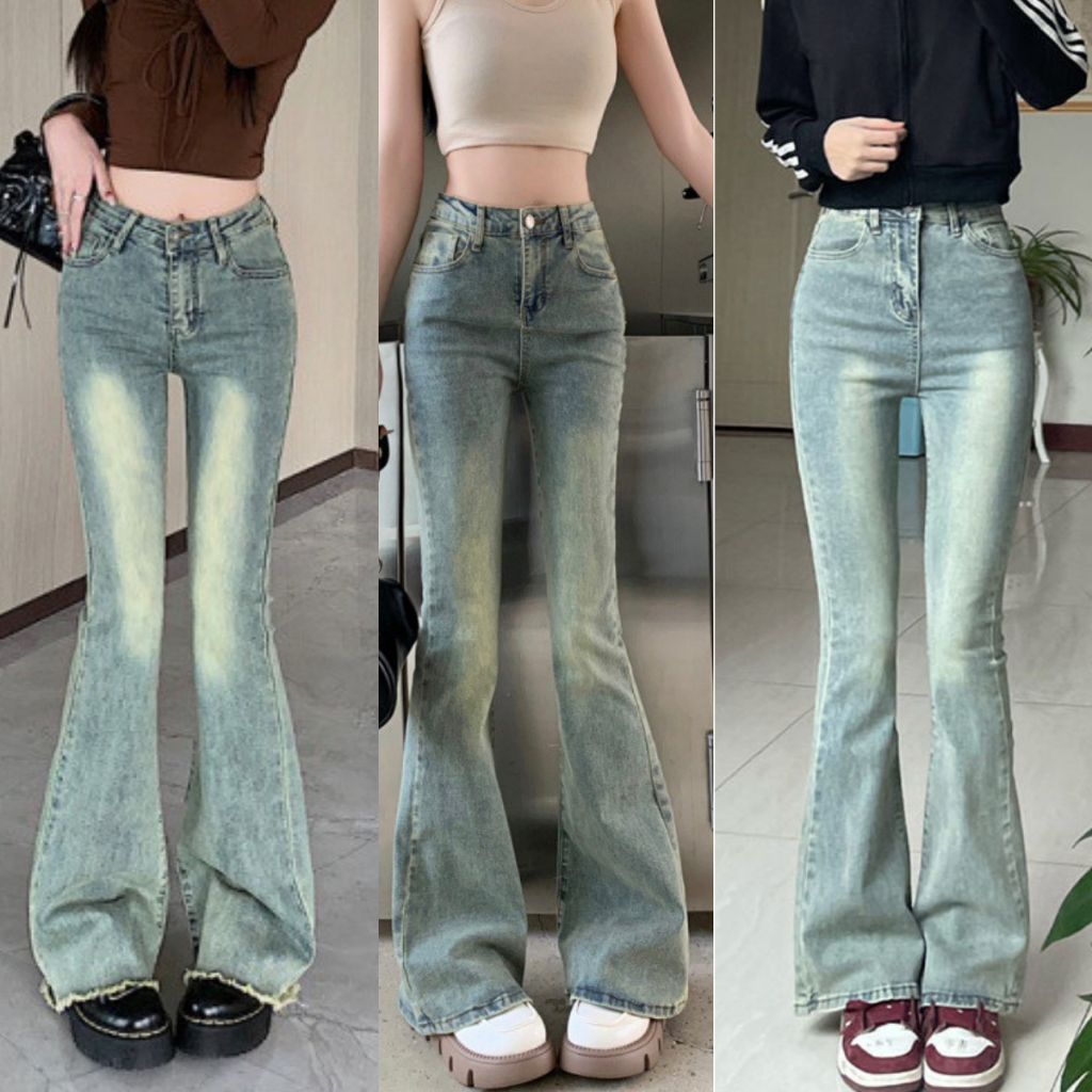 Quần Ống Loe Jean nữ Lưng cao màu bụi xanh nhạt phủ dơ dáng đứng s...