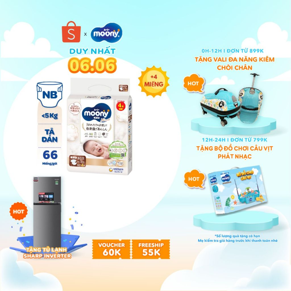 [TẶNG MIẾNG NGẪU NHIÊN] Tã dán Moony Natural siêu cao cấp NB62+4/S...
